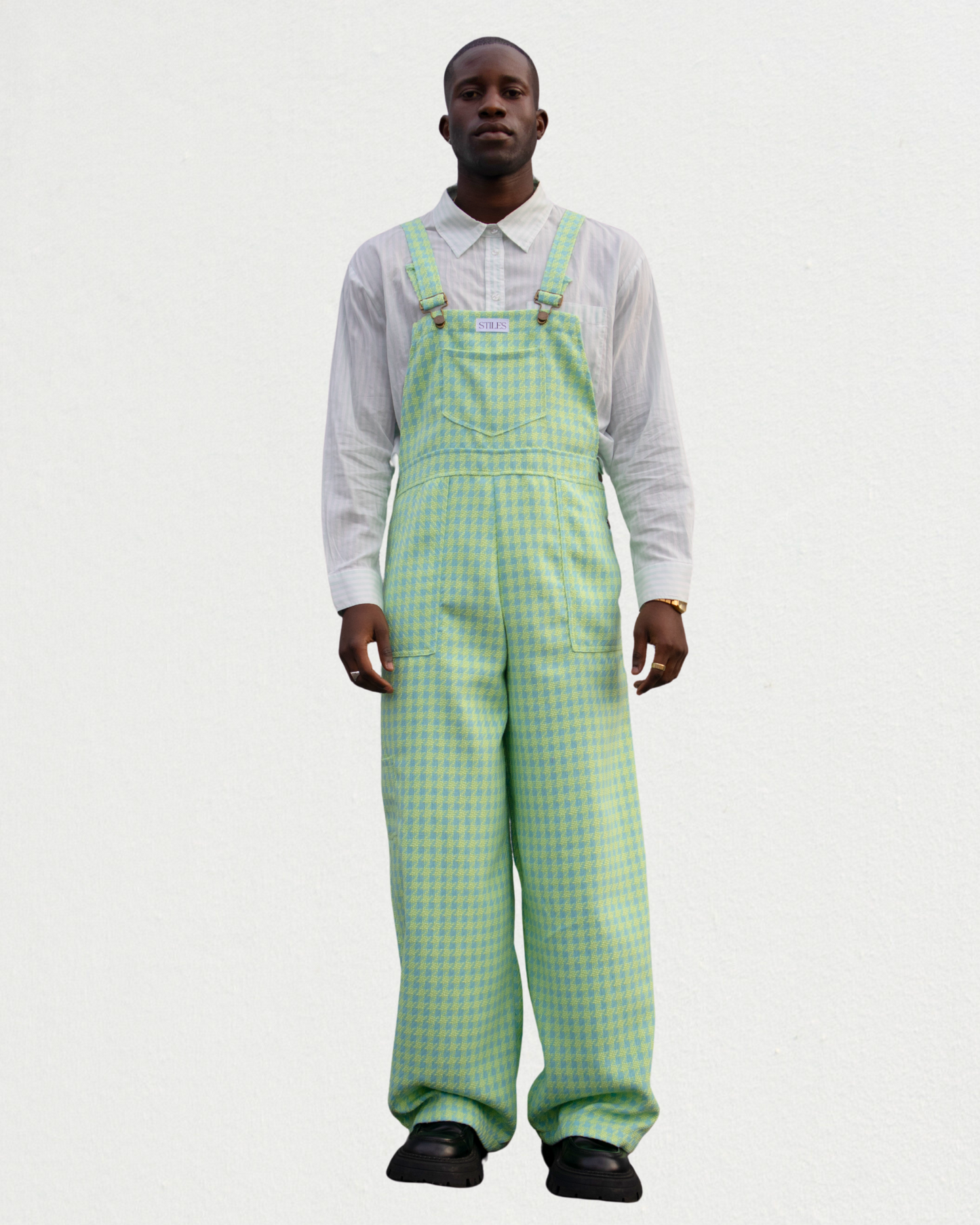 Hazel Dungaree in Lime & Blue Bouclé