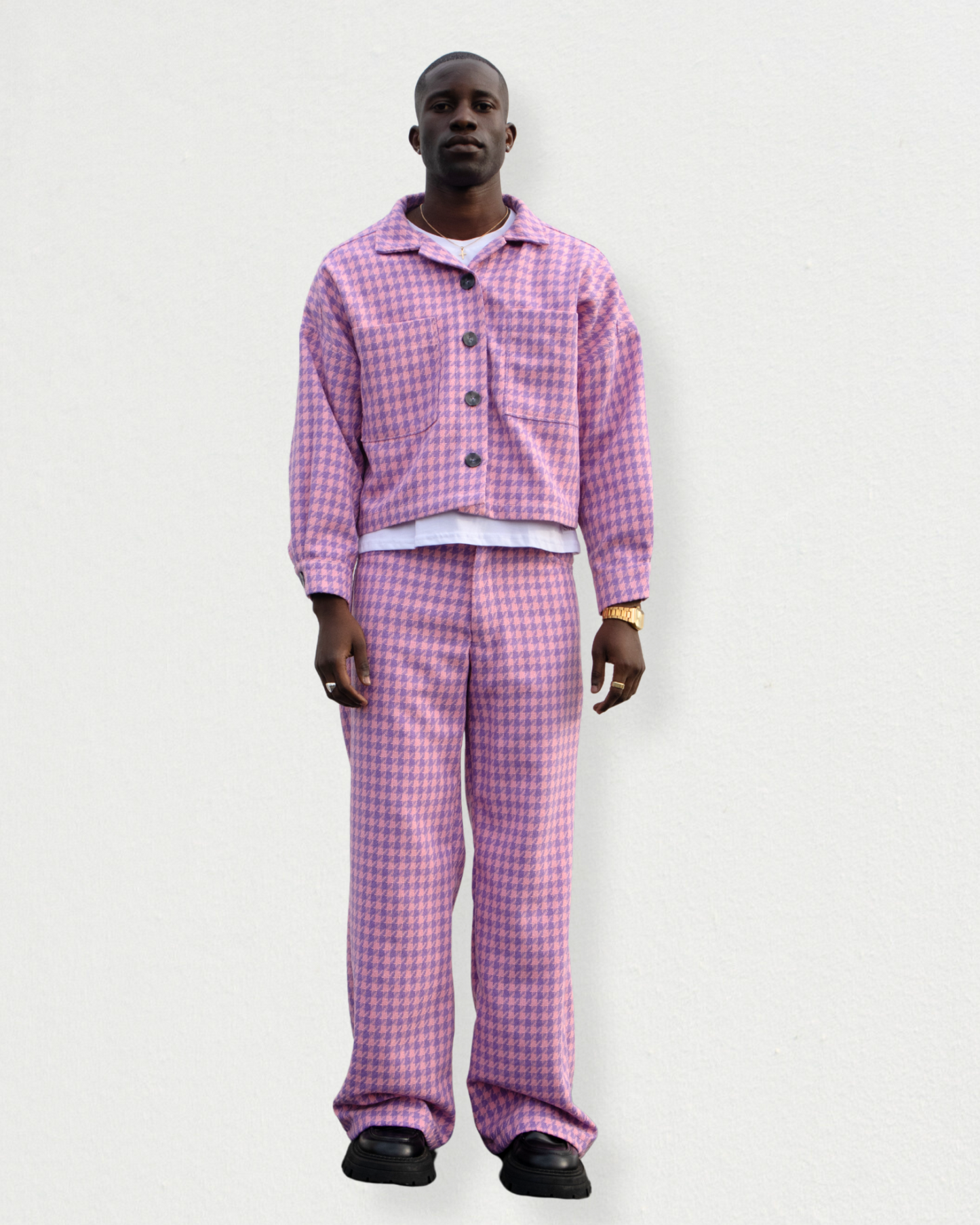 Bouclé High-Waisted Pants in Pink & Purple Check