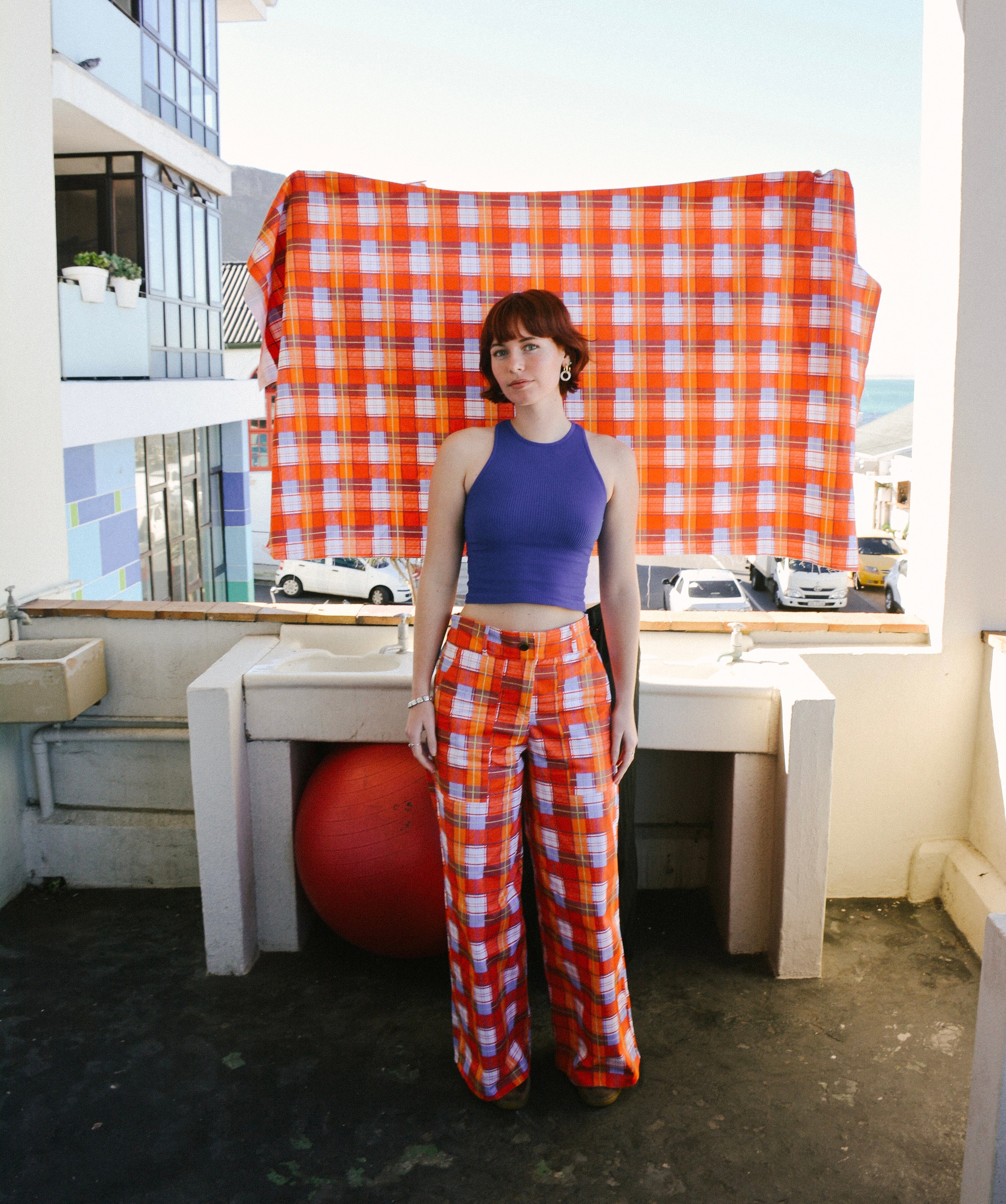 Unisex High-Waisted Pants in Orange Tartan