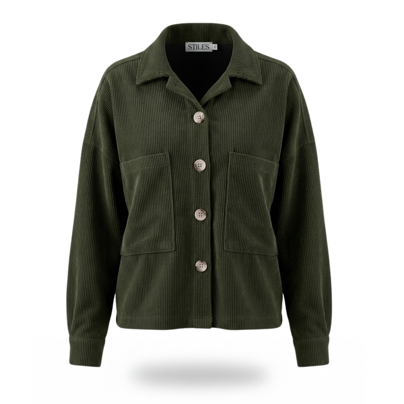 Green jacket with button details on a white background