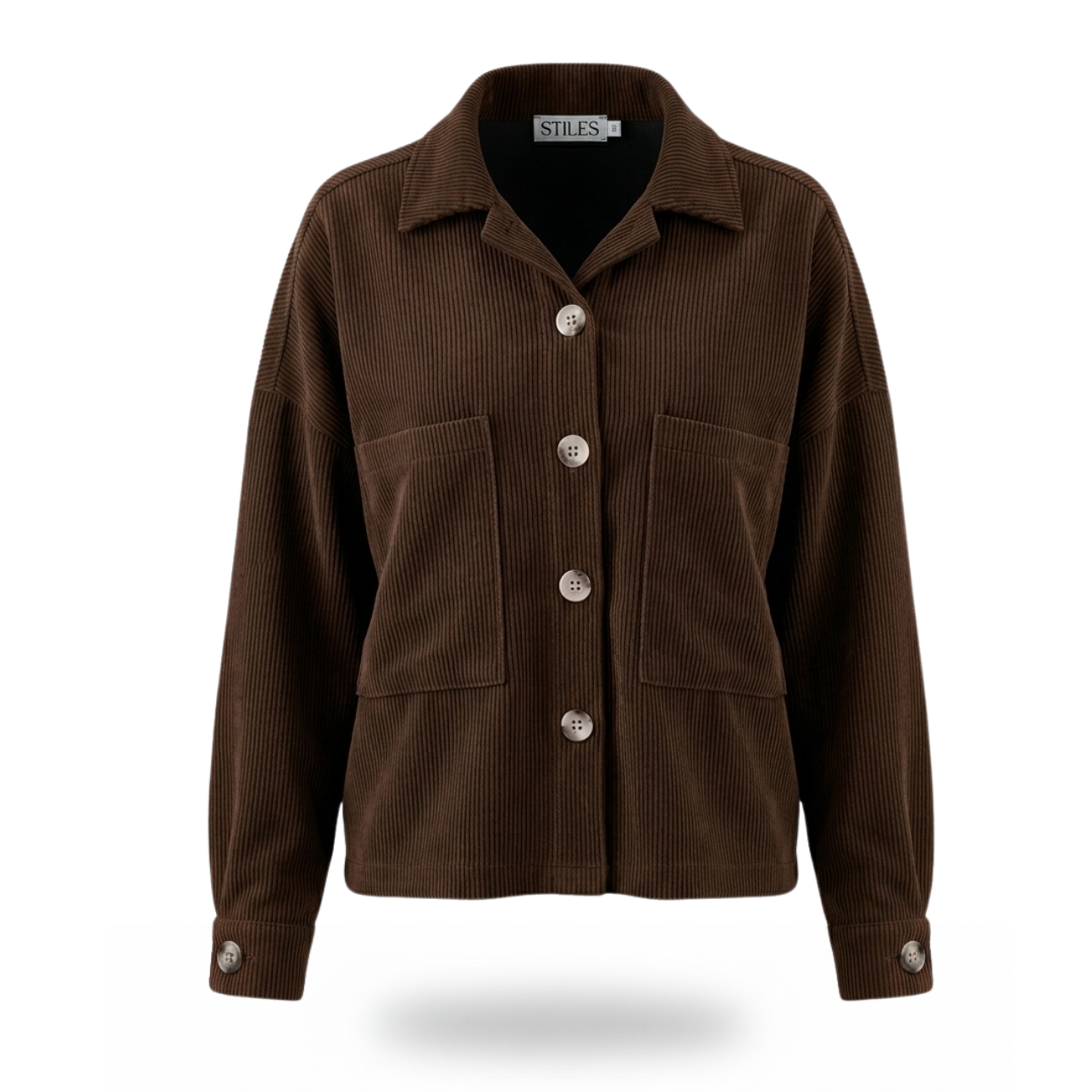 Brown jacket with button details on a white background