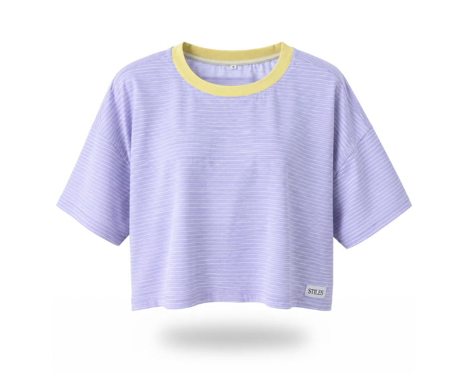 Boxy Short-Sleeve Tee in Lilac & Yellow Stripes