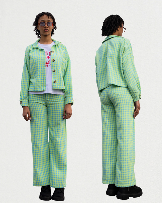 Bouclé High-Waisted Pants in Lime & Blue Check