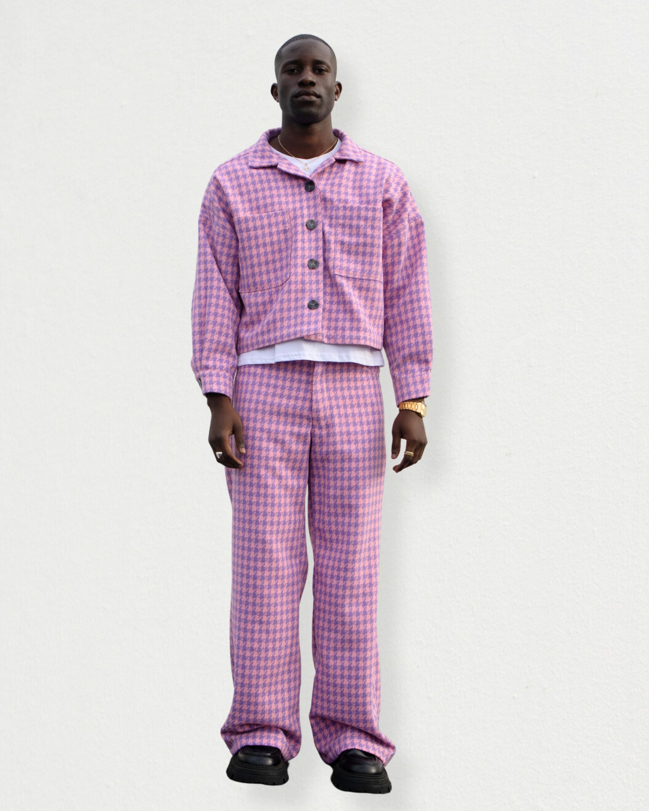Bouclé High-Waisted Pants in Pink & Purple Check