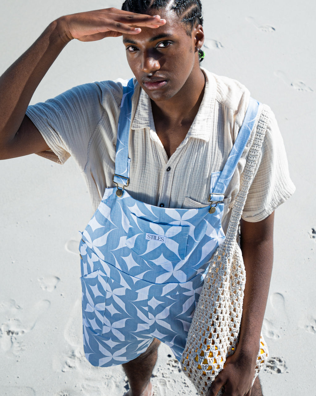 SALE - Azalea Short Dungaree in Sky Blue Geometric