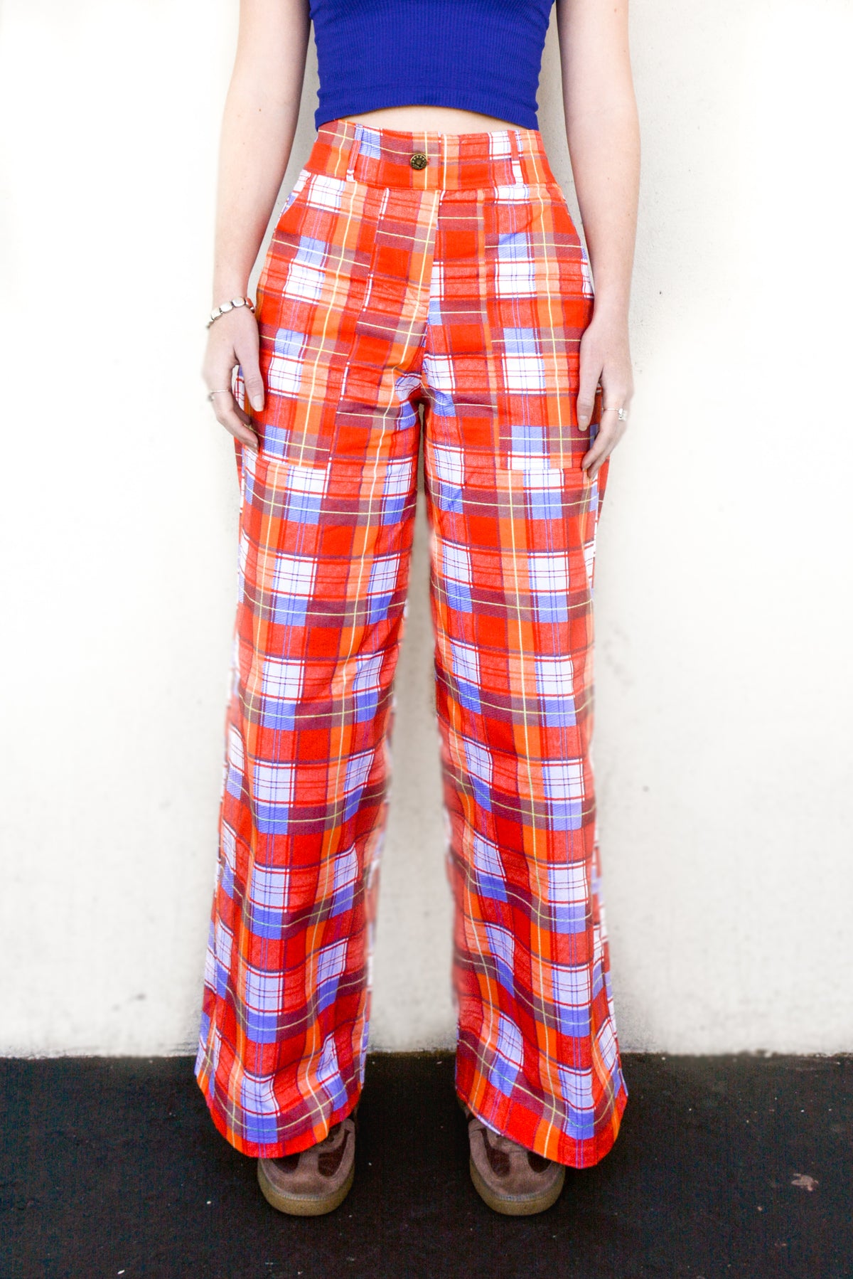 Unisex High-Waisted Pants in Orange Tartan