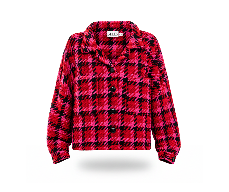 Boxy Jacket in Red, Black & Pink Textured Houndstooth  LTD