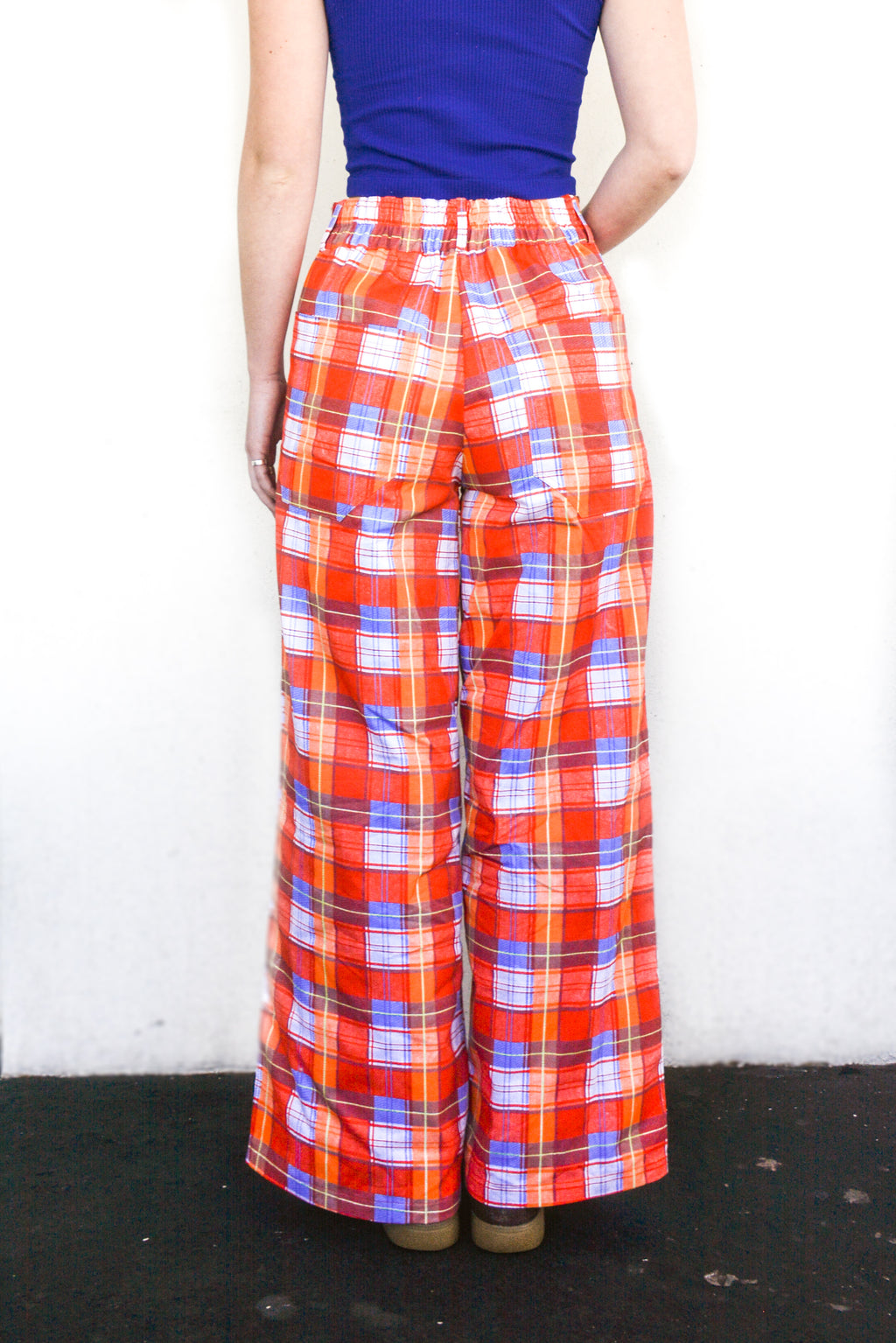 Unisex High-Waisted Pants in Orange Tartan
