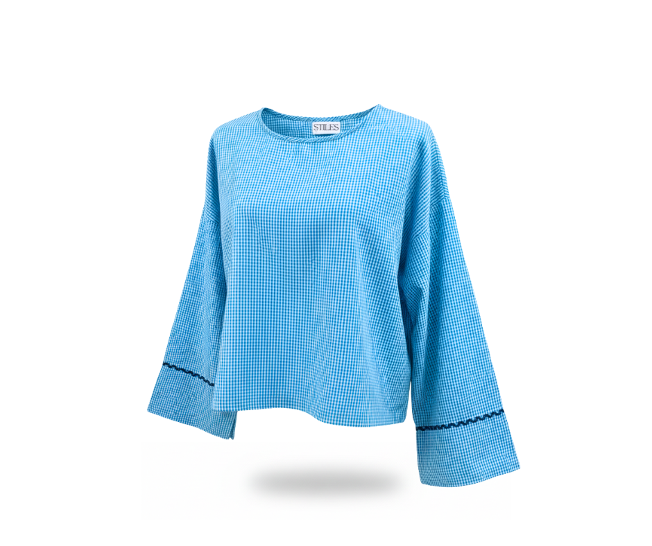 Ivy Flared Top in Sky Blue Gingham