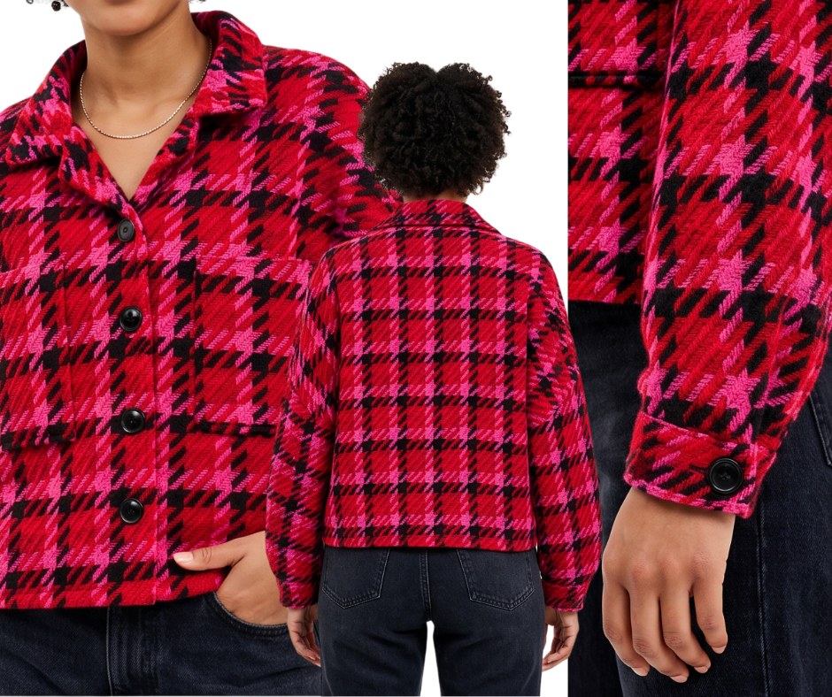 Boxy Jacket in Red, Black & Pink Textured Houndstooth  LTD