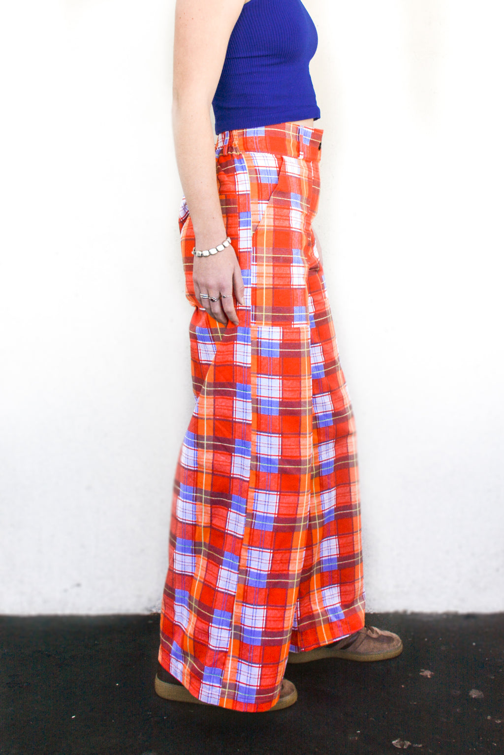 Unisex High-Waisted Pants in Orange Tartan