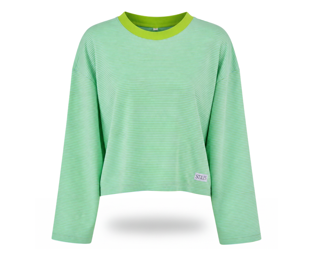 Boxy Long-Sleeve Tee in Lime & Blue Stripe