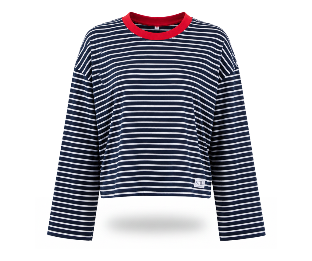 Boxy Long-Sleeve Tee in Navy & White Stripe