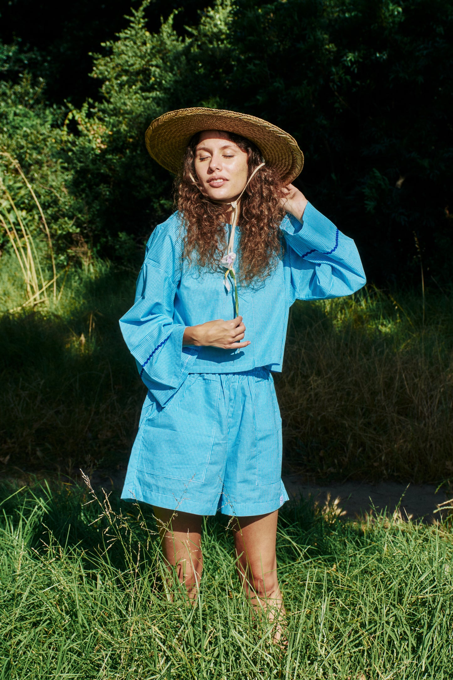 Ivy Flared Top in Sky Blue Gingham