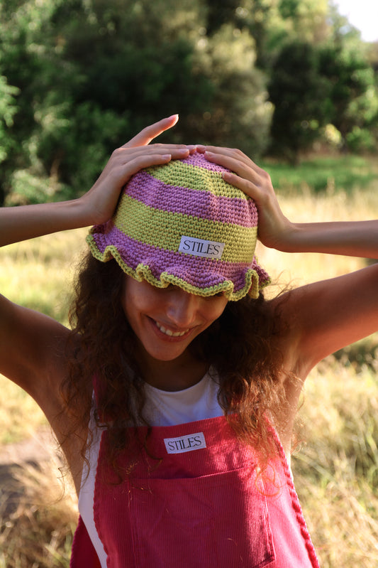 Nanala Crotchet Hat in Pink & Lime Stripe