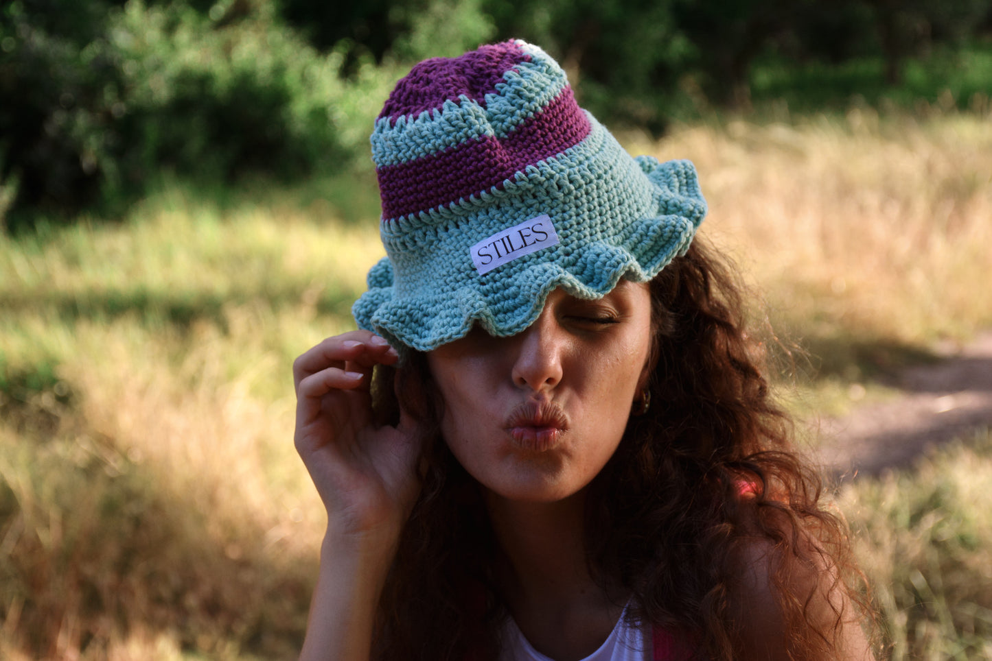 Nanala Crotchet Hat in Purple & Blue Stripe