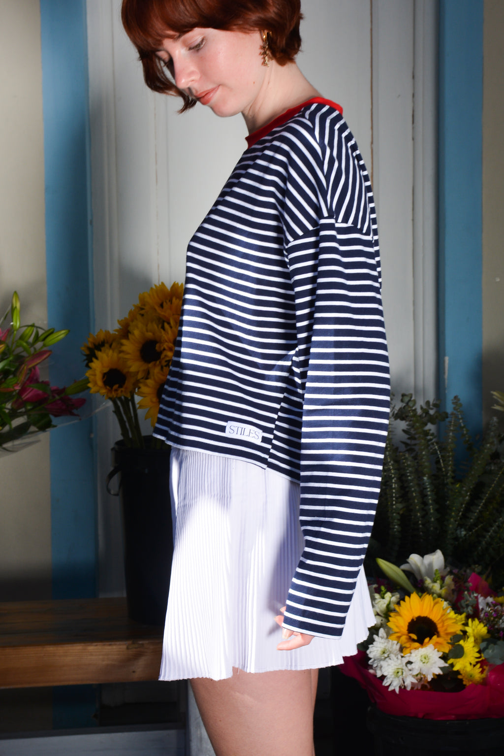Boxy Long-Sleeve Tee in Navy & White Stripe