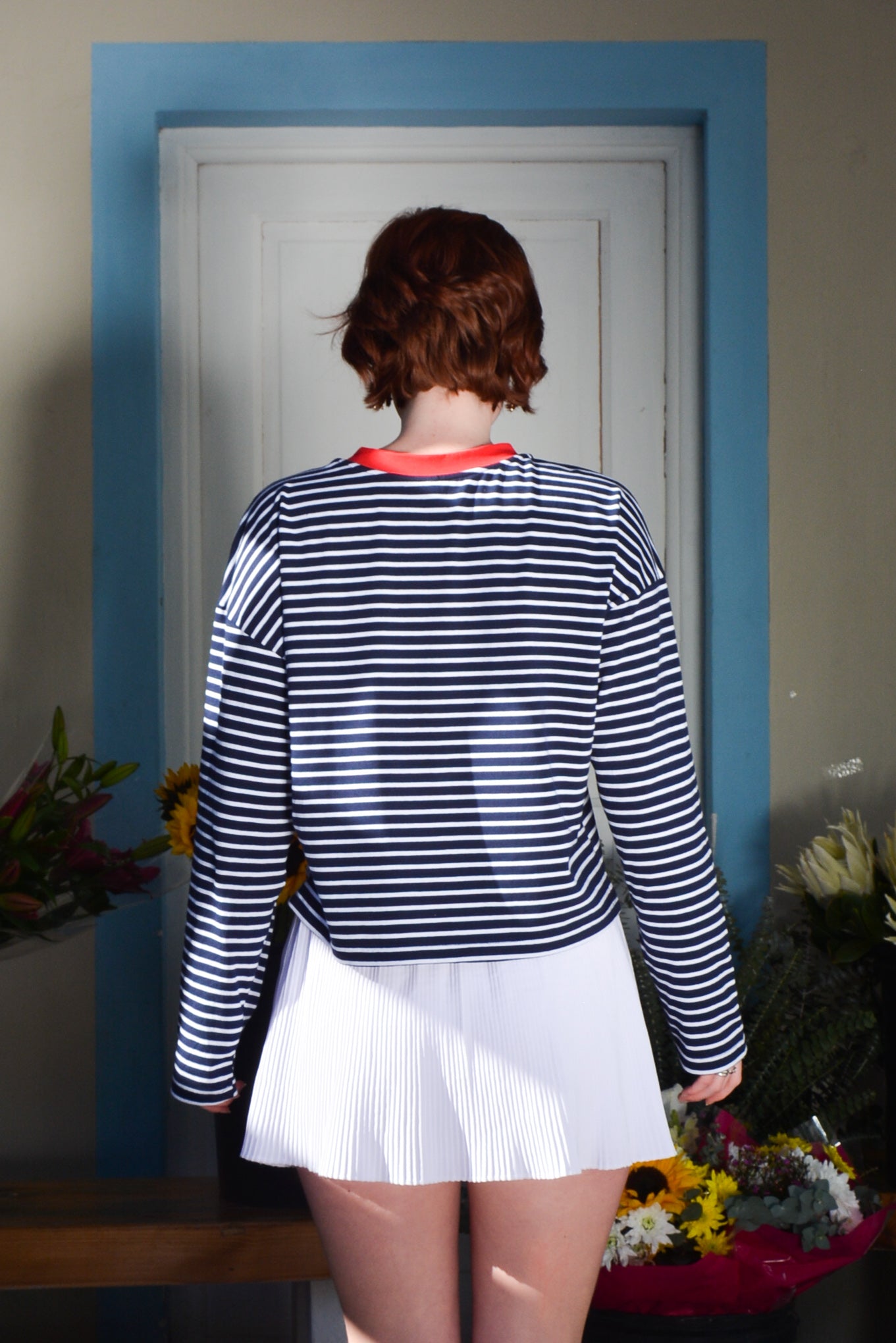 Boxy Long-Sleeve Tee in Navy & White Stripe