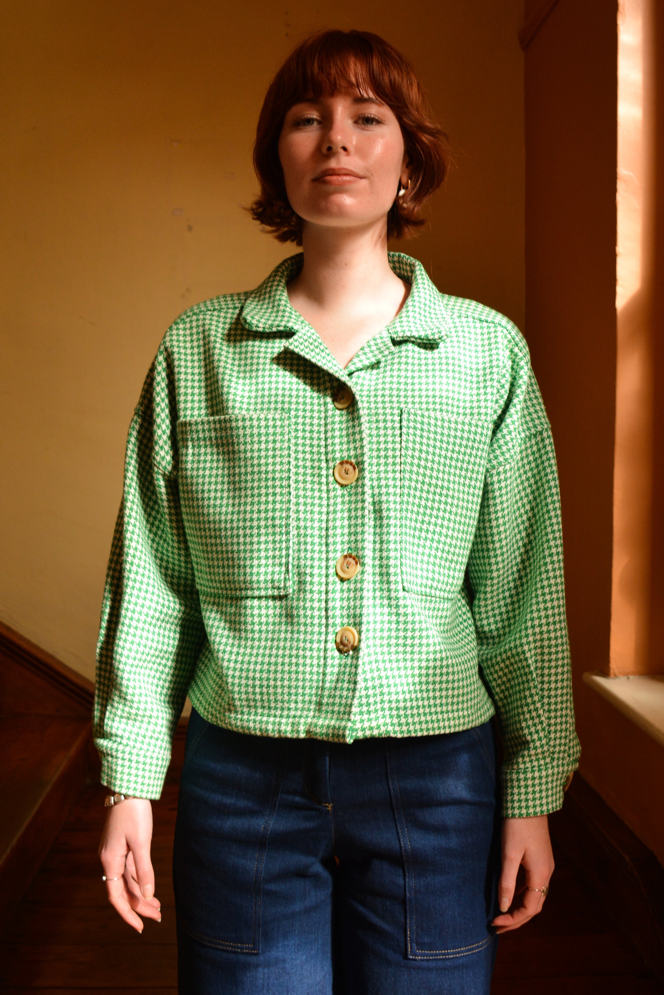 Boxy Jacket in Green & White Houndstooth LTD