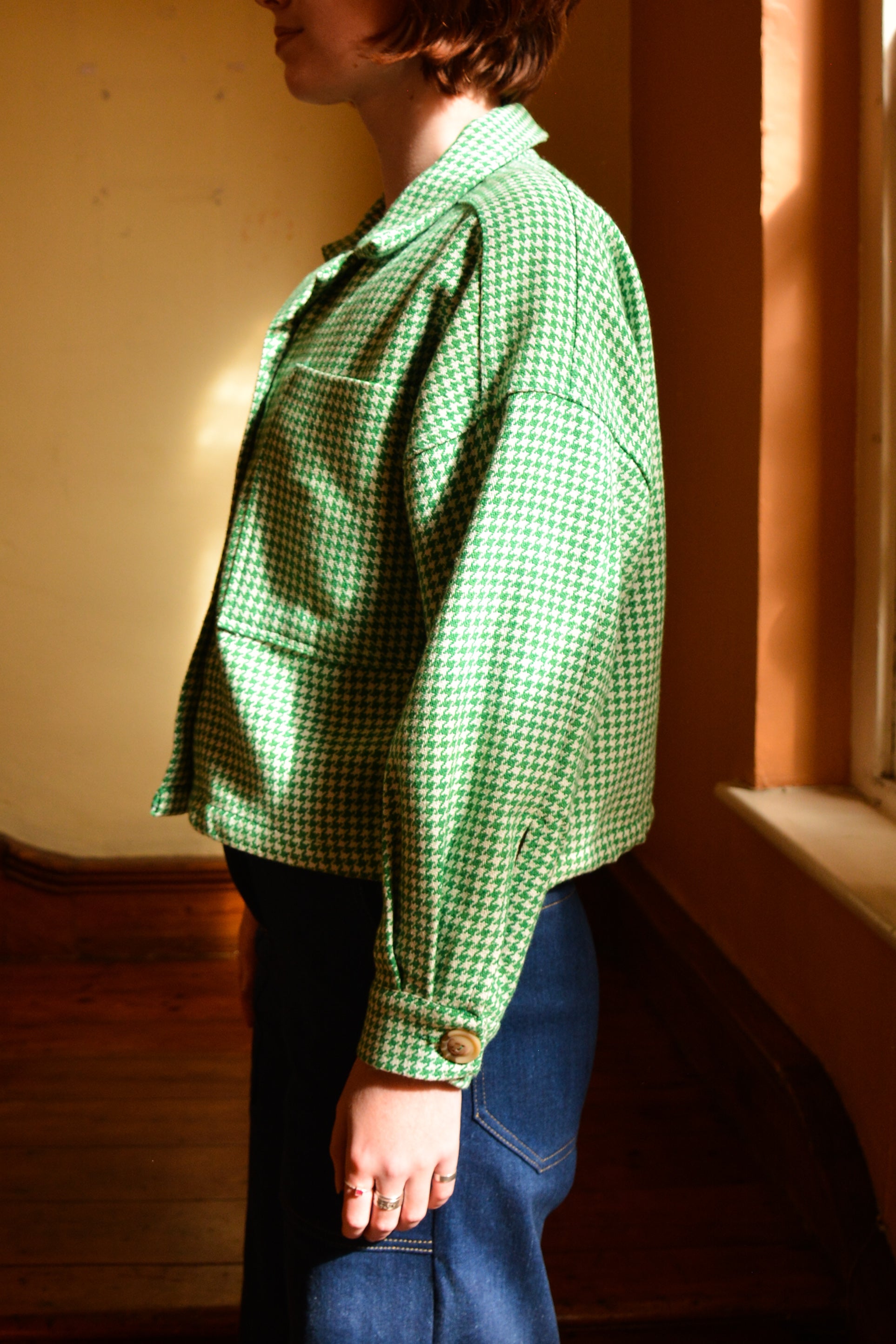 Boxy Jacket in Green & White Houndstooth LTD