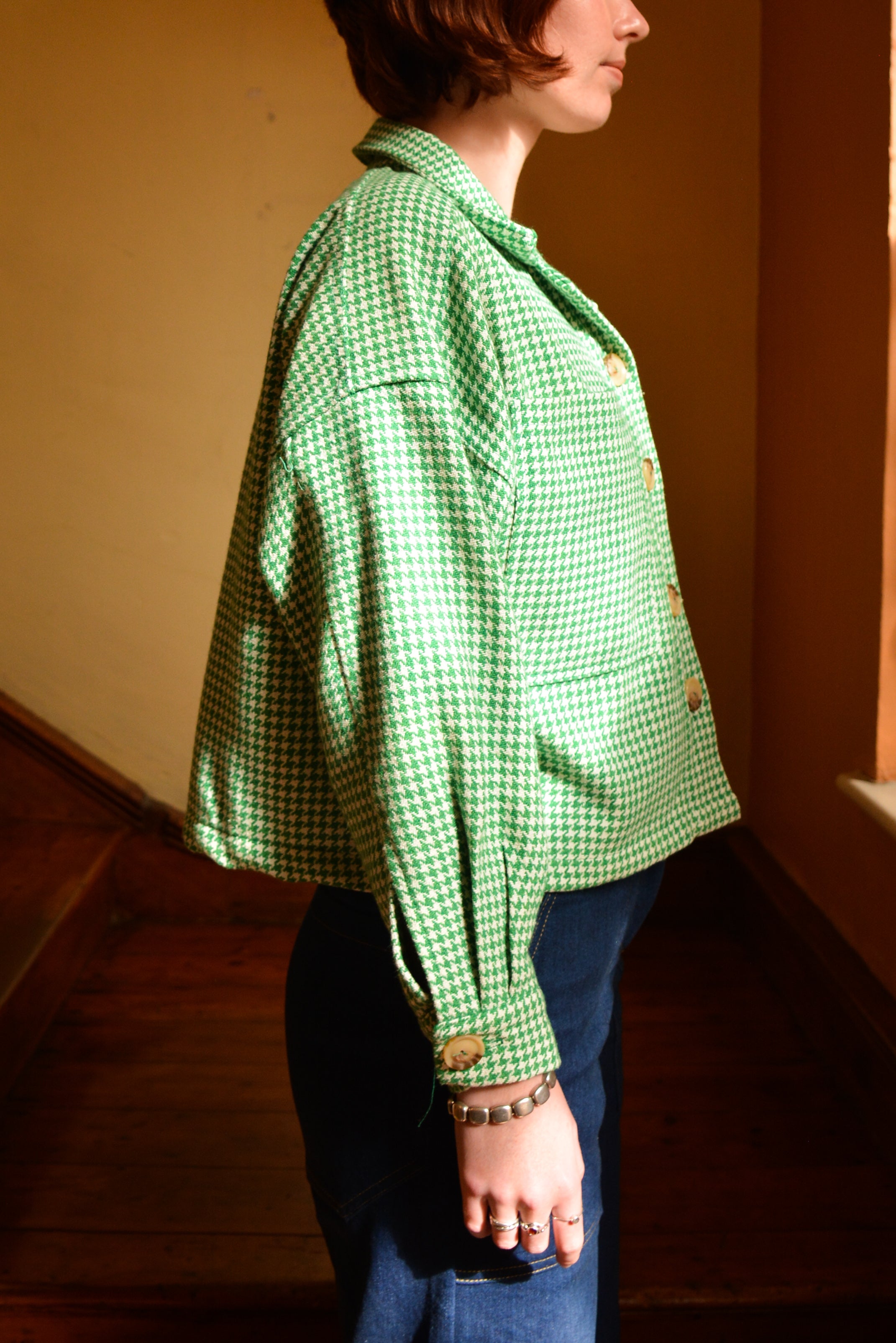 Boxy Jacket in Green & White Houndstooth LTD
