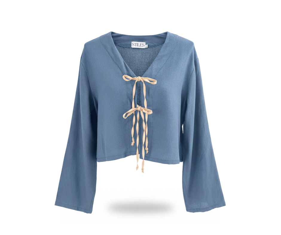 Jazz Tie Top in Dusty Blue & Cream